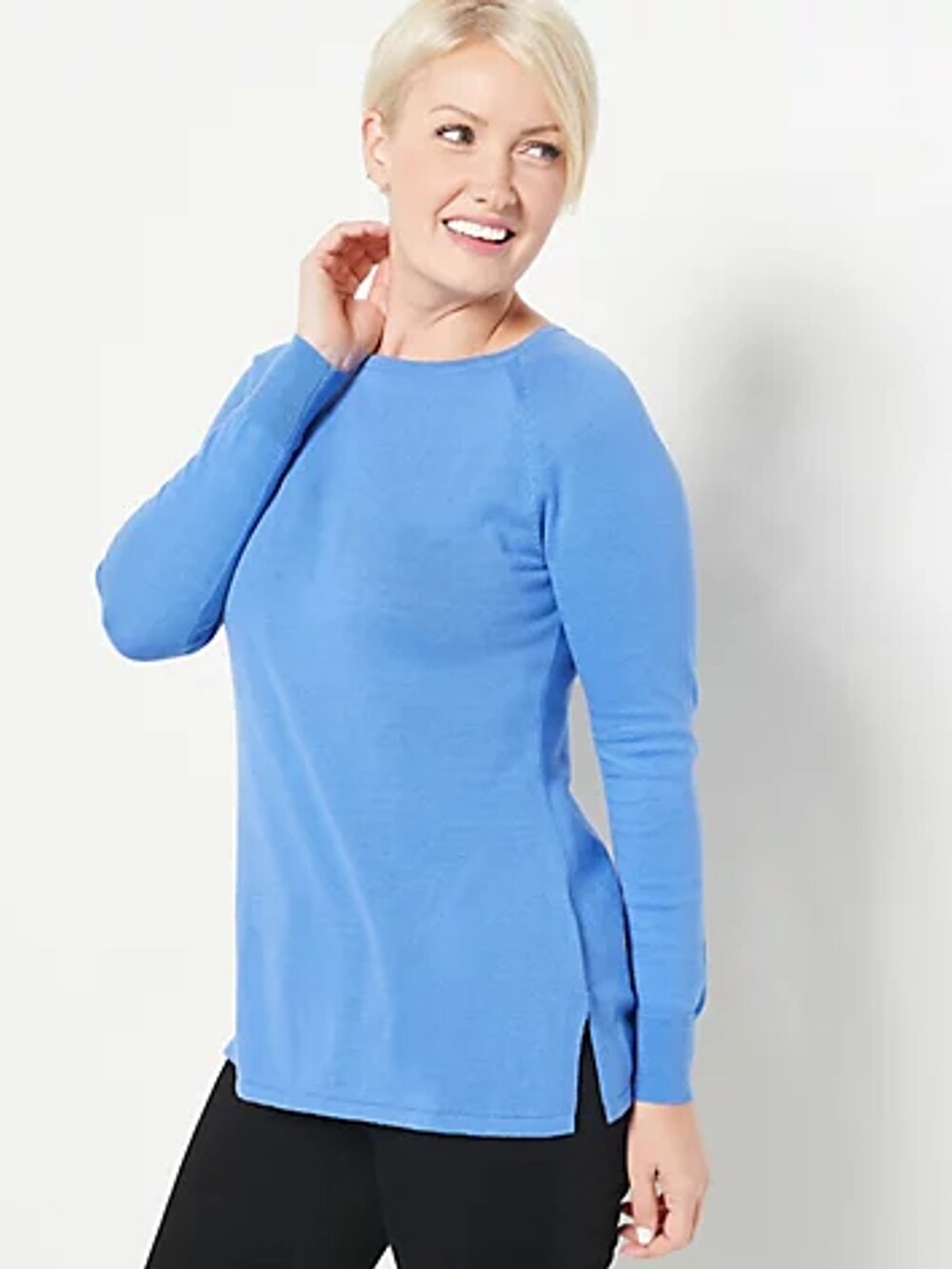 Susan Graver Essentials Boat-Neck Raglan Sleeve Women's Sweater Sky Blue XL